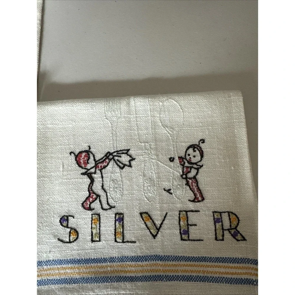 Embroidered KITCHEN TOWELS Set Of 2 Linen SILVER W Babies And Flatware